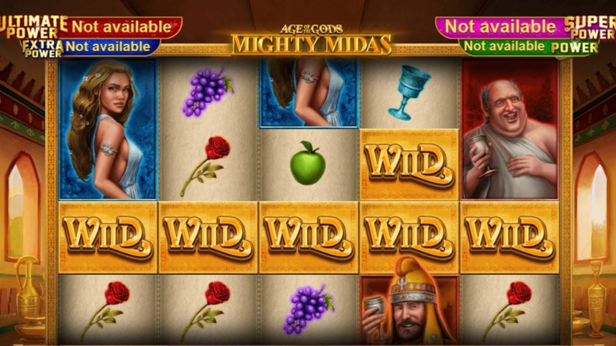 Title screen for Age Of The Gods Mighty Midas Slots Game