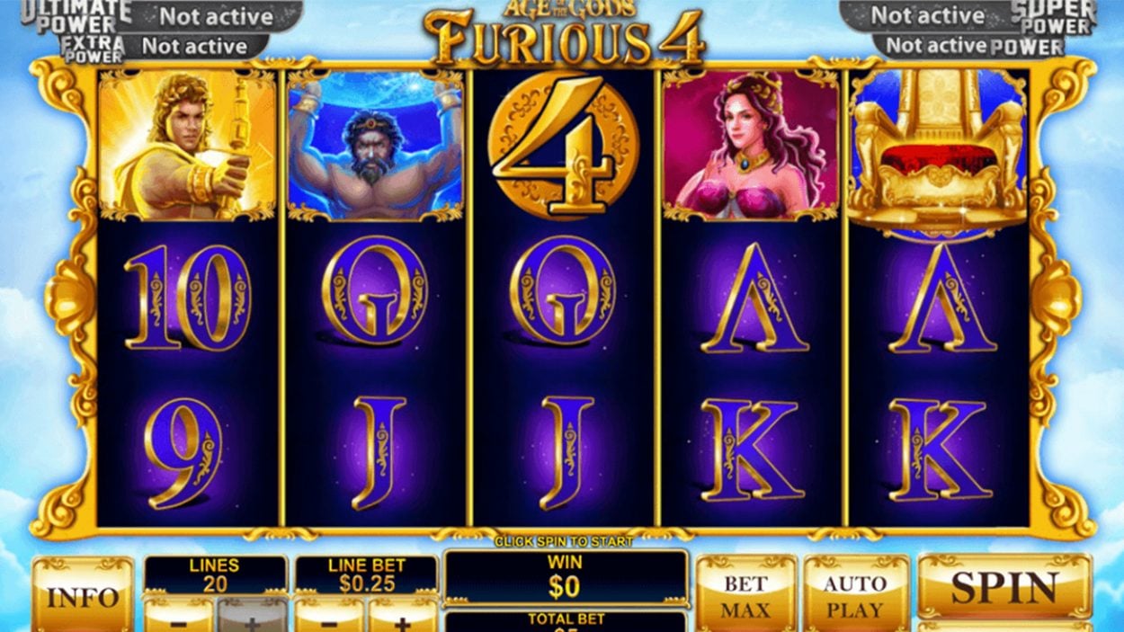 Title screen for Age of the Gods: Furious Four slot game
