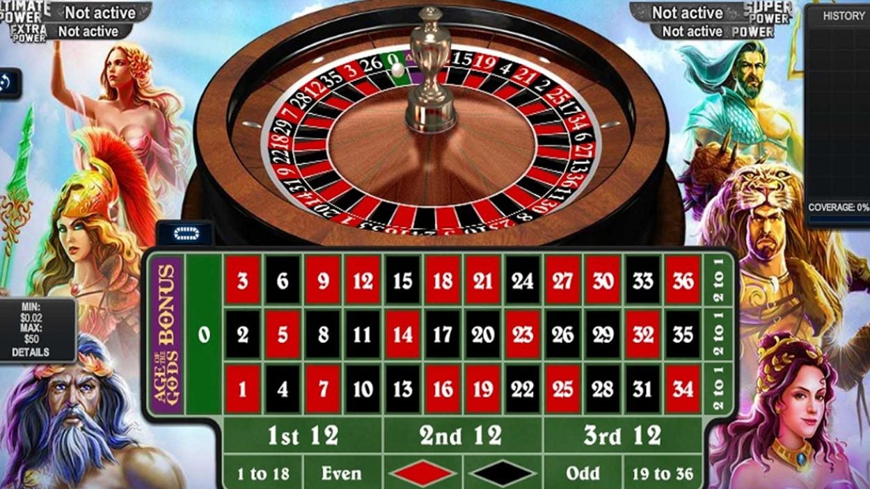 Title screen for Age Of The Gods Roulette Slots Game
