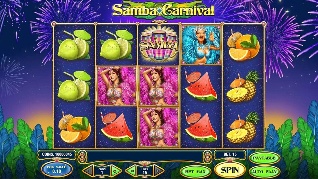 Title screen for Samba Carnival Slots Game