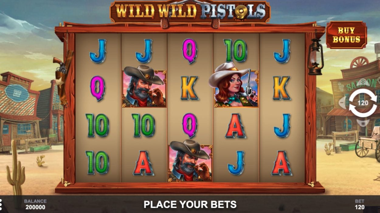 Title screen for Wild Wild Pistols slot game