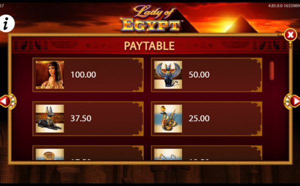 Lady of Egypt Paytable