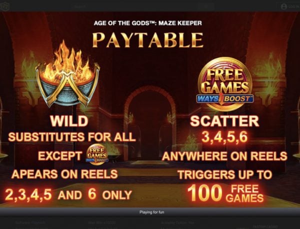 Age of the Gods: Maze Keeper slot paytable