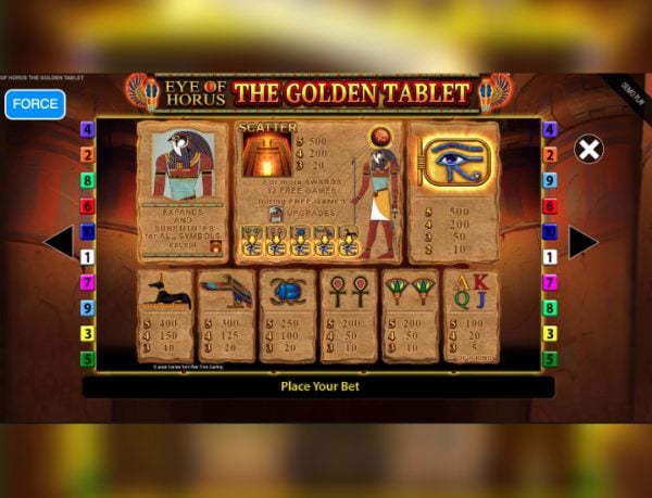 Eye of Horus The golden Tablet paytable